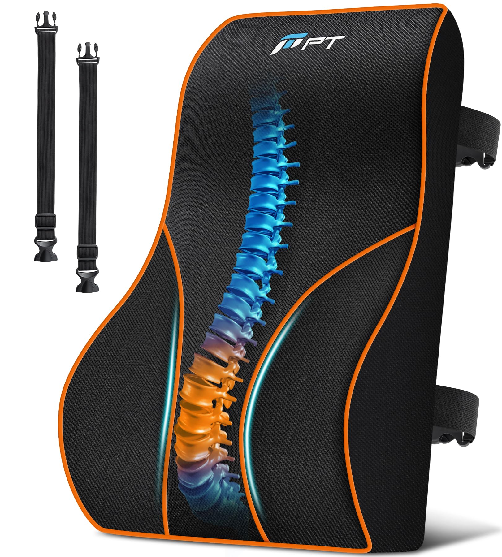 POOTACK Ergonomic Memory Foam Back Support Cushion - Adjustable Lumbar Support for Office, Car, Bed and Car Seat with Straps