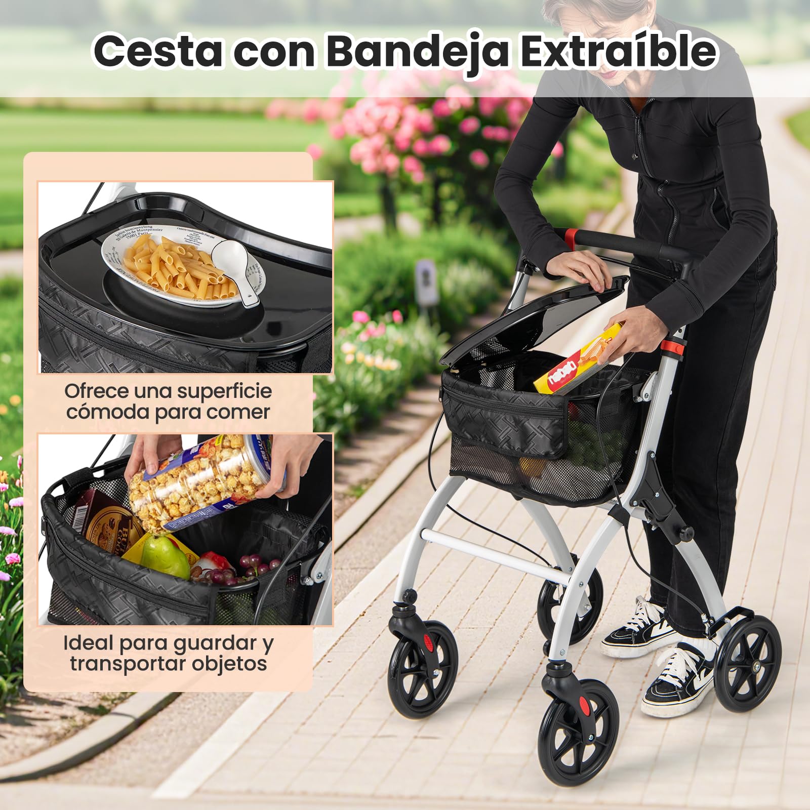 COSTWAY Andador para Ancianos con Bandeja, Caminador Anciano Ligero Plegable, Cesta de Almacenamiento, 4 Ruedas y Frenos, Andadores Estrechos con Altura Ajustable para Personas Mayores