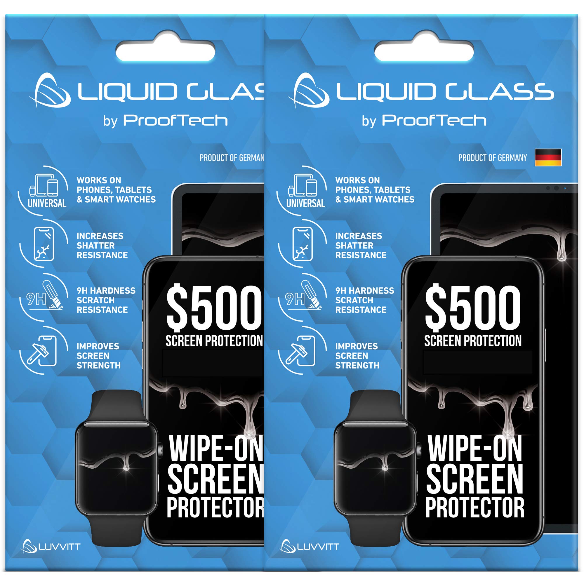 ProofTech 2 Pack Liquid Glass Screen Protector with $500 Screen Protection for All Smartphones Tablets and Watches - Universal Fit