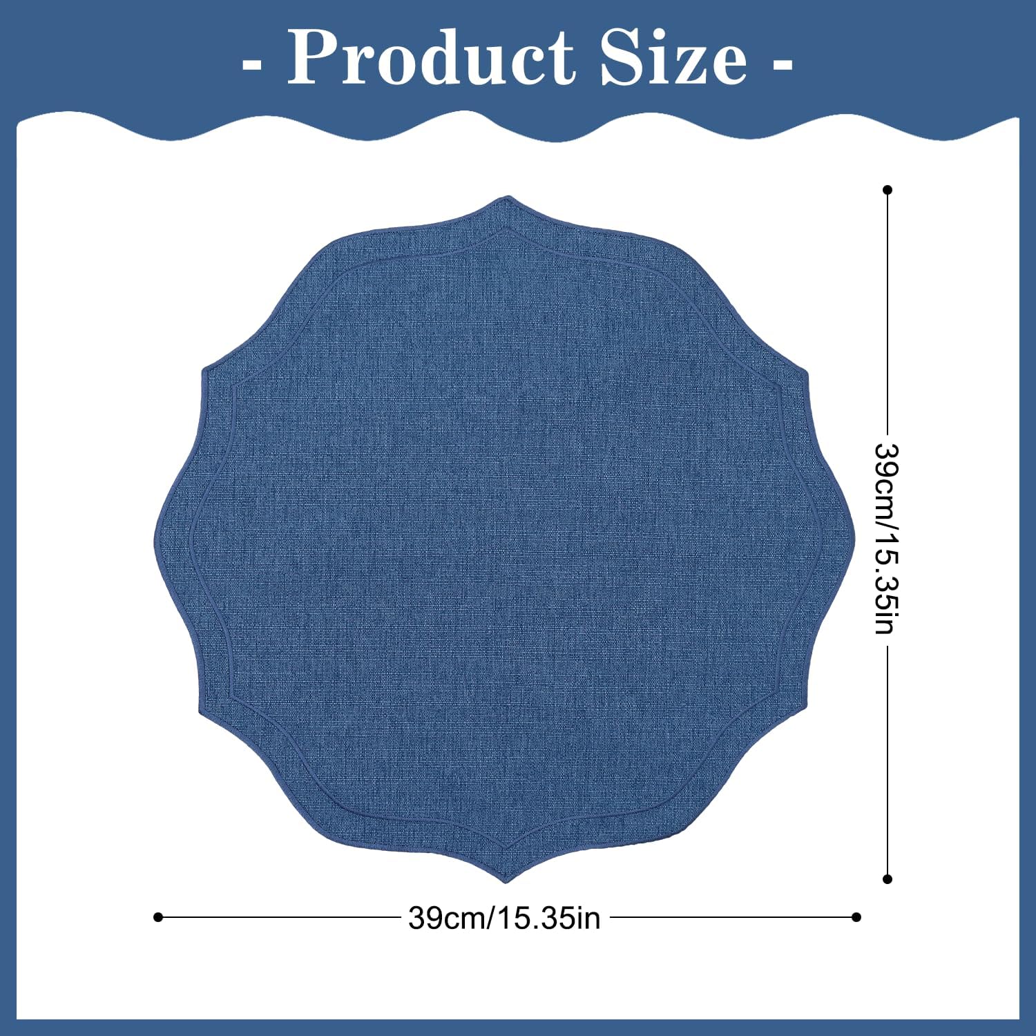 Cotton Linen Round Placemats Set of 8, HADEEONG Table Mats Cloth Placemats, Washable Wrinkle Resistance, Scalloped & Embroidered Fabric Placemats, 15.5 inch (Navy Blue, 8)