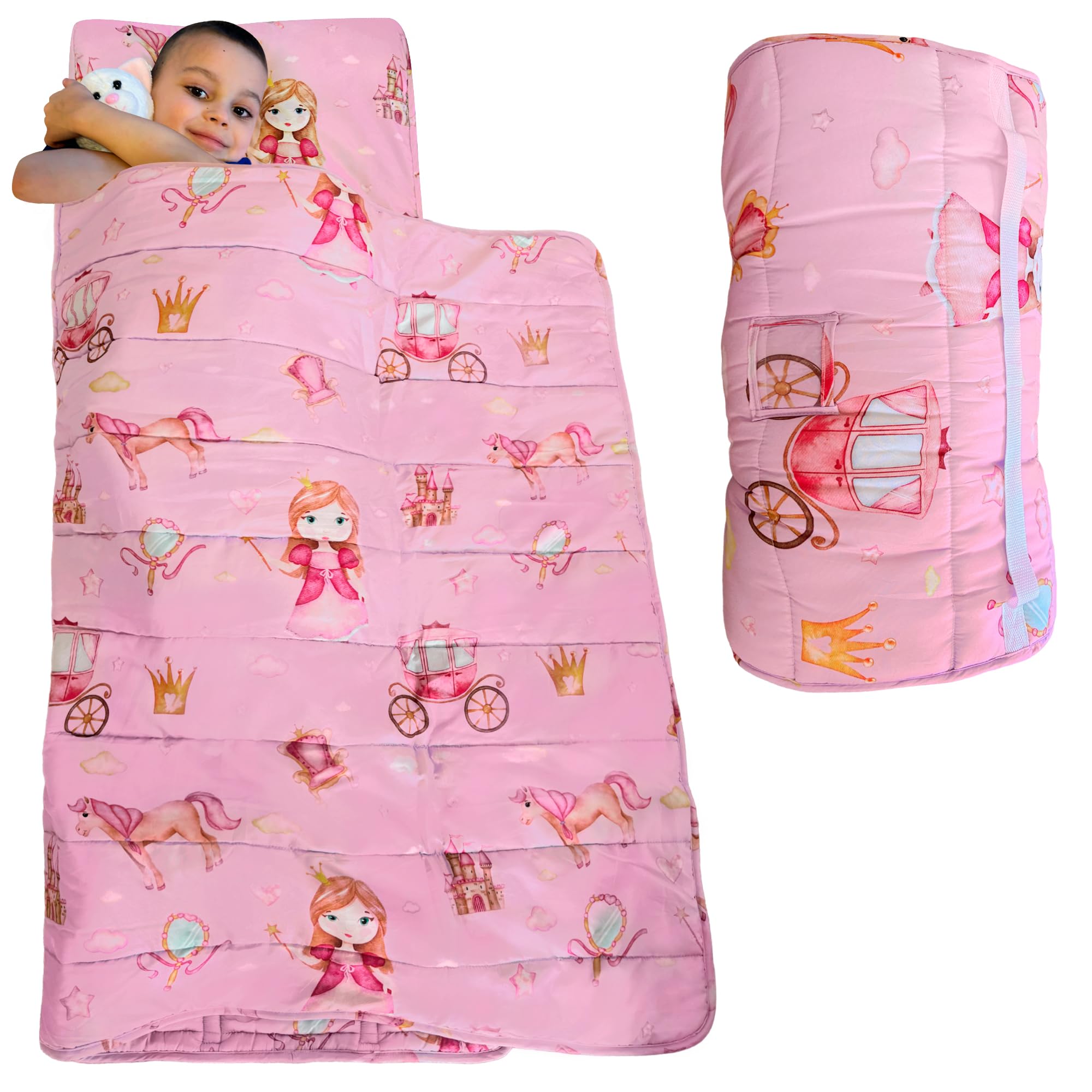 SHYLEROToddler Nap Mat with Removable Pillow, Wide Blanket. Extra Soft, Long 55 * 21" Rolled Toddler Sleeping Bag. Kids Nap Mat for Preschool. Slumber Kindermat for Daycare, Sleepover, Travel