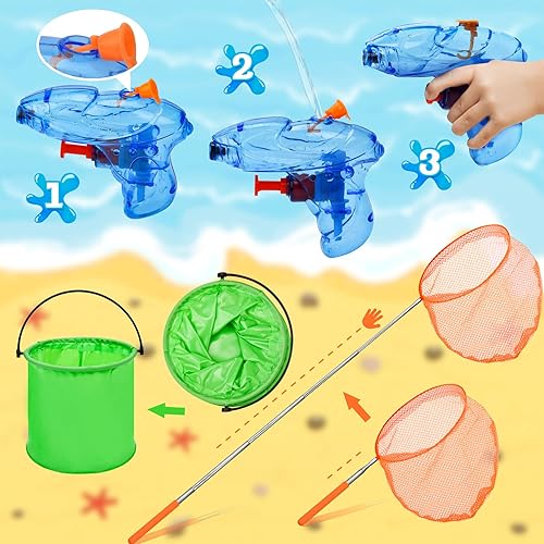 Miniatura 4 de Paquete de 14 redes telescópicas de mariposa para niños, cubos plegables y pistola de agua para niños, redes de insectos de pesca de colores,