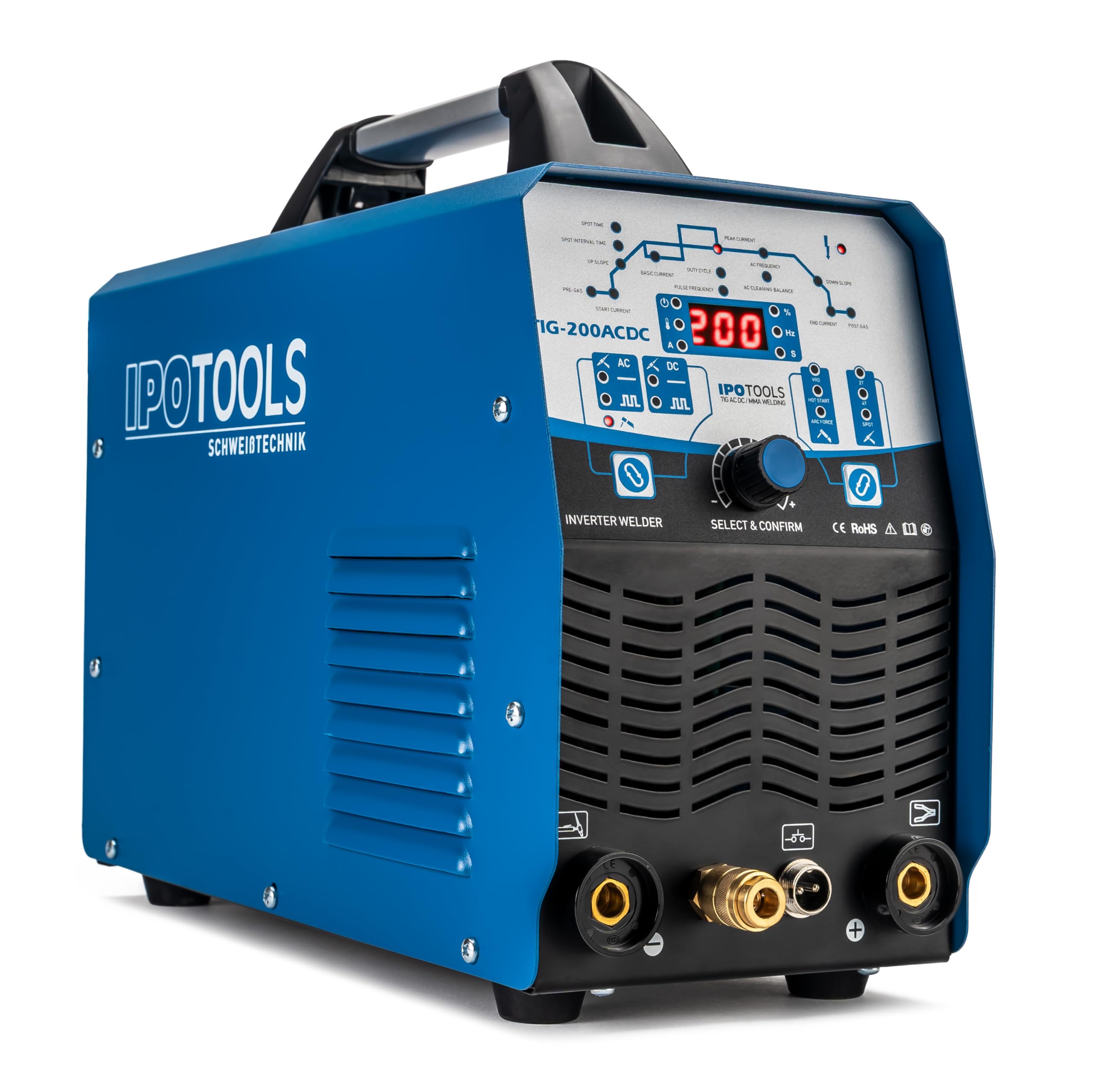 IPOTOOLS Saldatrice TIG-200ACDC TIIG AC DC con saldatrice in alluminio da 200 Ampere, con accensione HF, funzione pulsazioni, saldatura SPOT, tecnologia MMA, IGBT, 7 anni di garanzia