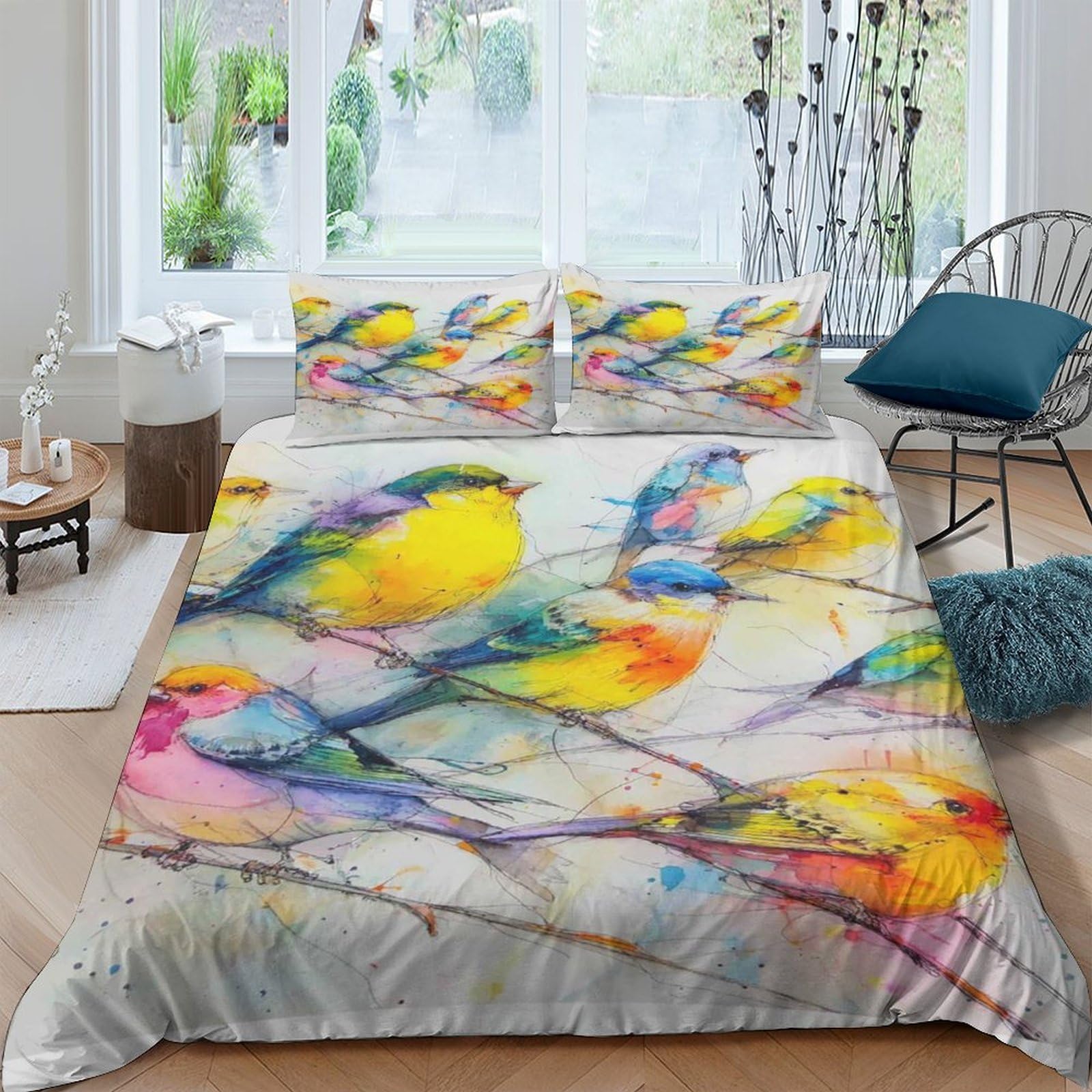 Ctjqhvkz Style-9 3D Printed Watercolor Birds Fitted Sheet Microfiber Mattress Cover Colorful Branch Bedroom Decor Anti-Slip Easy Care Single（135X200cm）
