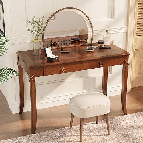 Miniatura 11 de MODERION Escritorio de Computadora de Madera Maciza con 2 Cajones, Mesa de Tocador Tradicional, Escritorio de Escritura para Oficina en Casa de 46",