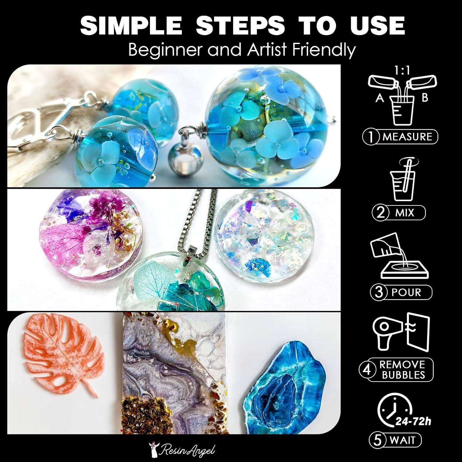 ResinAngel 64oz Epoxy Resin Kit,Easy 1:1 Mix Crystal Clear,Bubble Free,UV Resistant for DIY Jewelry Making,Flower Preservation,Coasters,Trays,Casting Art