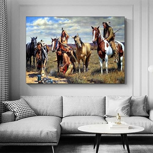 Miniatura 3 de ZBIN Póster de pared de nativos americanos indios valientes guerreros valientes en el campamento, pósteres impresos para decoración del hogar,