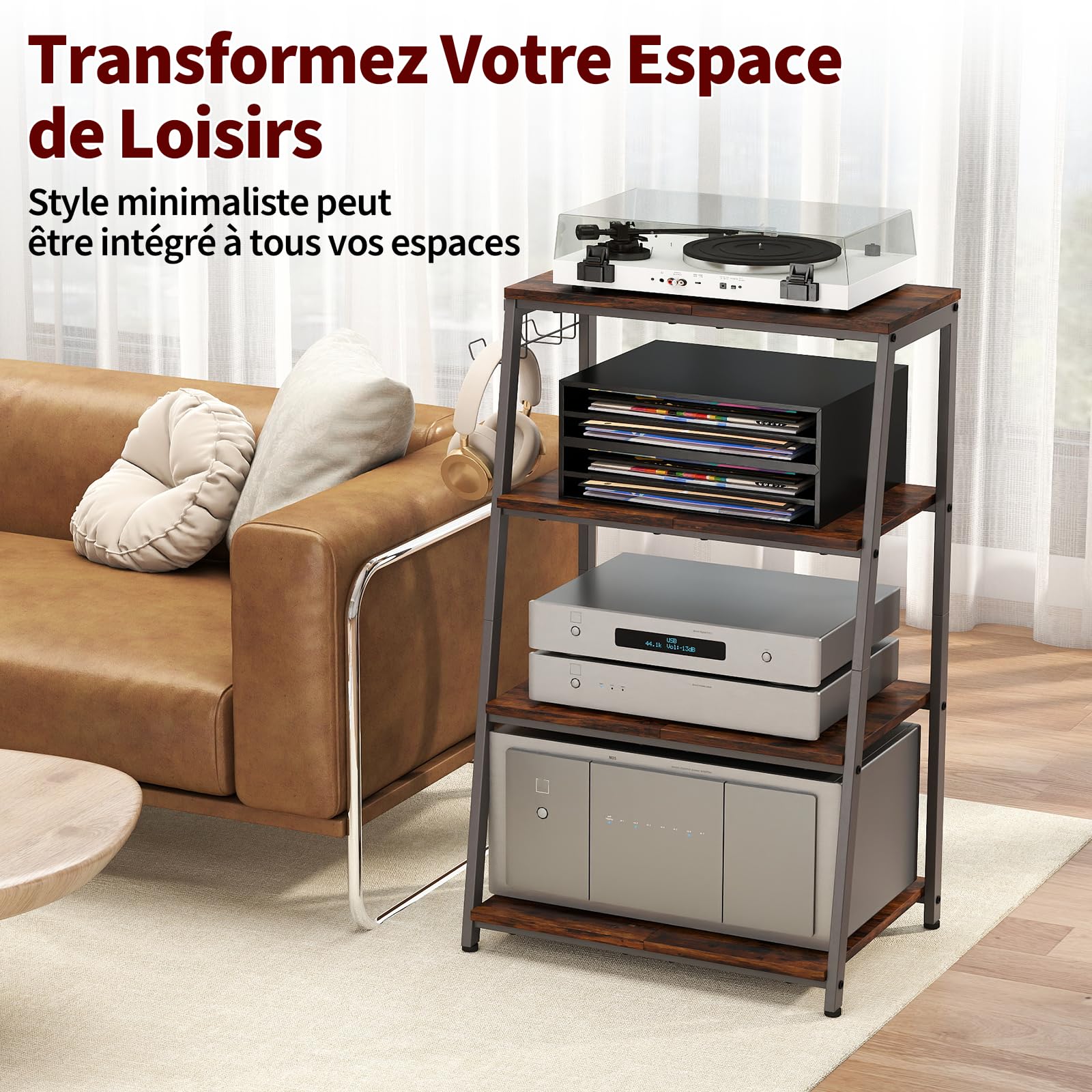 bimiti Meuble HiFi Bois à 4 Etagères Support pour Platine Vinyle avec Crochet pour Casque Audio,Platine Vinyle,Tourne Disque,TV Stéréo,Lecteur DVD Étagère Multimédia en Bois pour la Maison, Bureau