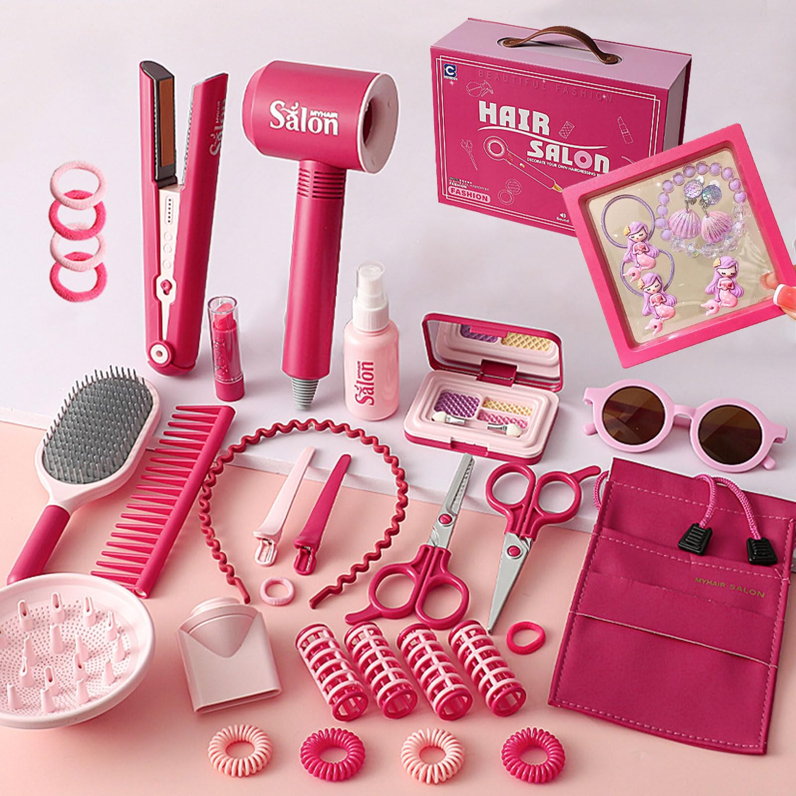 50 Pcs Girls Hair Salon Toys, Beauty Salon Set with Pretend Play Hair Salon Stylist Toy Kit with Barber Apron, Hair Dryer, Mirror, Scissors and Styling Accessories