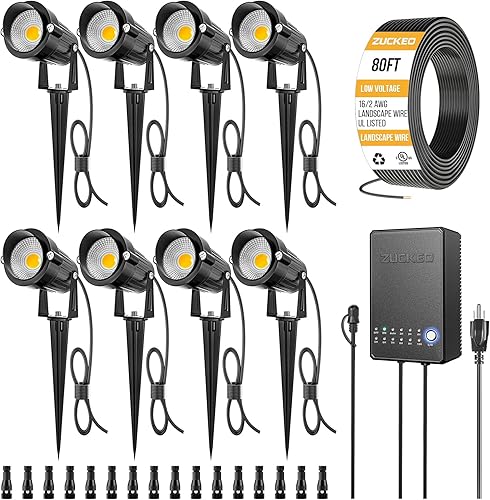 ZUCKEO Kit de iluminación de paisaje todo en uno, luces LED de bajo voltaje de 5 W con transformador y cable de 80 pies, foco impermeable para