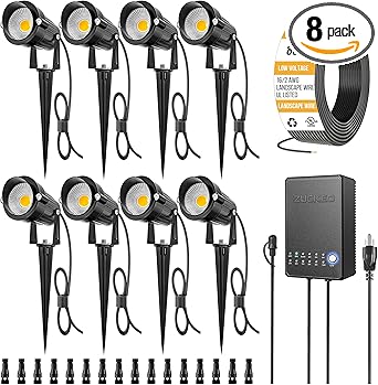 ZUCKEO All-in-One Landscape Lighting Kit, 5W LED Low Voltage Landscape Lights with Transformer and 80FT Wire, Waterproof Outdoor Spotlight with Connectors for Yard Garden House, 3000K 12-24V 8Pack