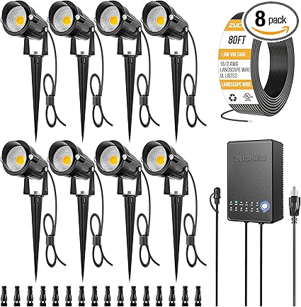 ZUCKEO All-in-One Landscape Lighting Kit, 5W LED Low Voltage Landscape Lights with Transformer and 80FT Wire, Waterproof Outdoor Spotlight with Connectors for Yard Garden House, 3000K 12-24V 8Pack
