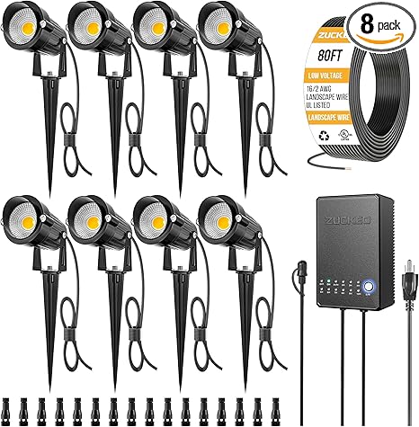 ZUCKEO All-in-One Landscape Lighting Kit, 5W LED Low Voltage Landscape Lights with Transformer and 80FT Wire, Waterproof Outdoor Spotlight with Connectors for Yard Garden House, 3000K 12-24V 8Pack
