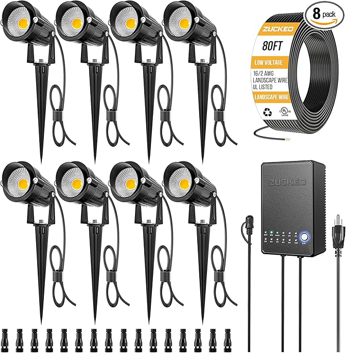 ZUCKEO All-in-One Landscape Lighting Kit, 5W LED Low Voltage Landscape Lights with Transformer and 80FT Wire, Waterproof Outdoor Spotlight with Connectors for Yard Garden House, 3000K 12-24V 8Pack