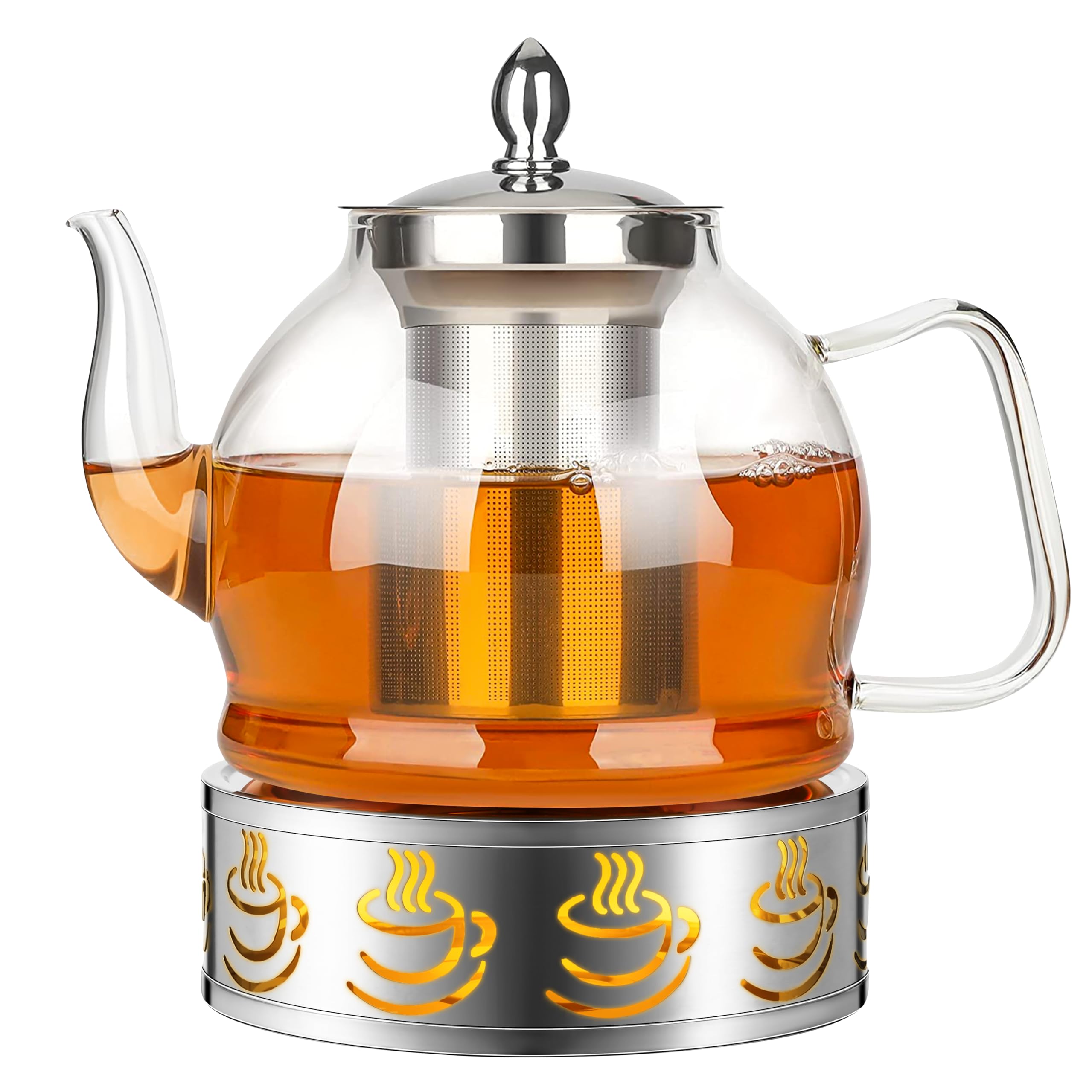 Teiera di Vetro con Infusore per Tisane Rimovibile- Teiera Vetro Borosilicato - Scaldateiera Incluso, Compatibile con Fornelli, per tè, Tisane, caffè, Sfuso Infusiera (1200ML)