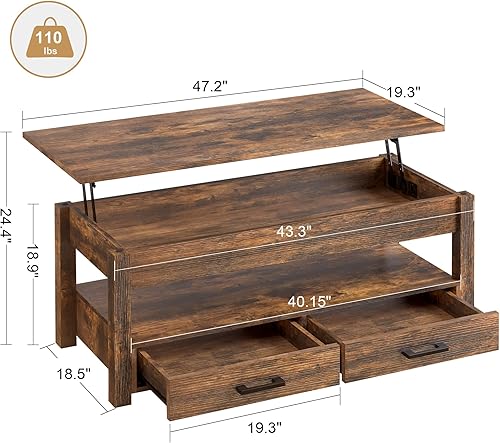 Miniatura 37 de FABATO Mesa auxiliar extragrande de 47.2 pulgadas, mesa de centro grande con cajones de almacenamiento, compartimento oculto, mesa central elevadora