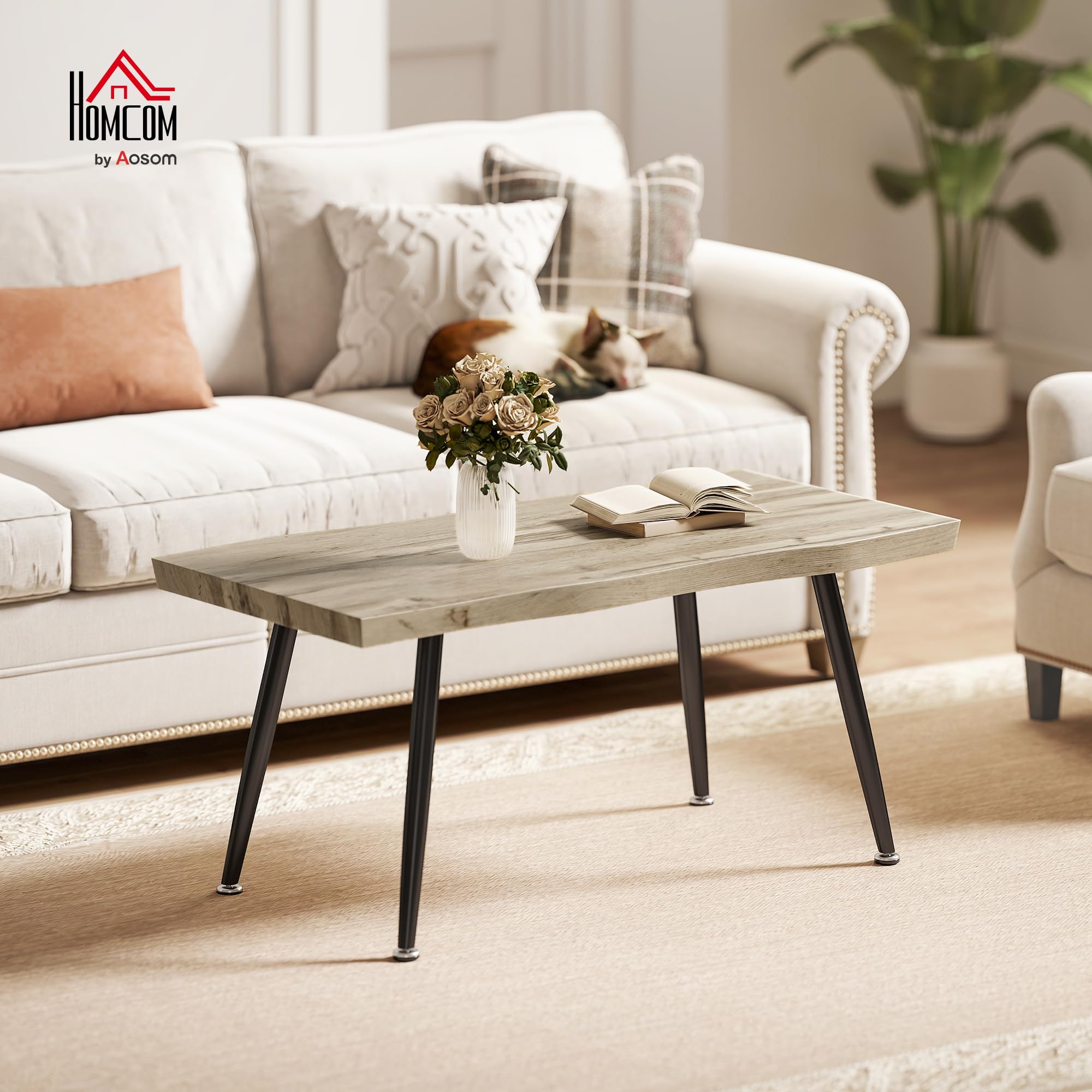 HOMCOM Mesa de Centro Curva con Tablero Grueso de 4 cm 100x50x45 cm Roble | Mesa Baja para Salón Moderno, Patas de Acero, para Sala de Estar, Dormitorio