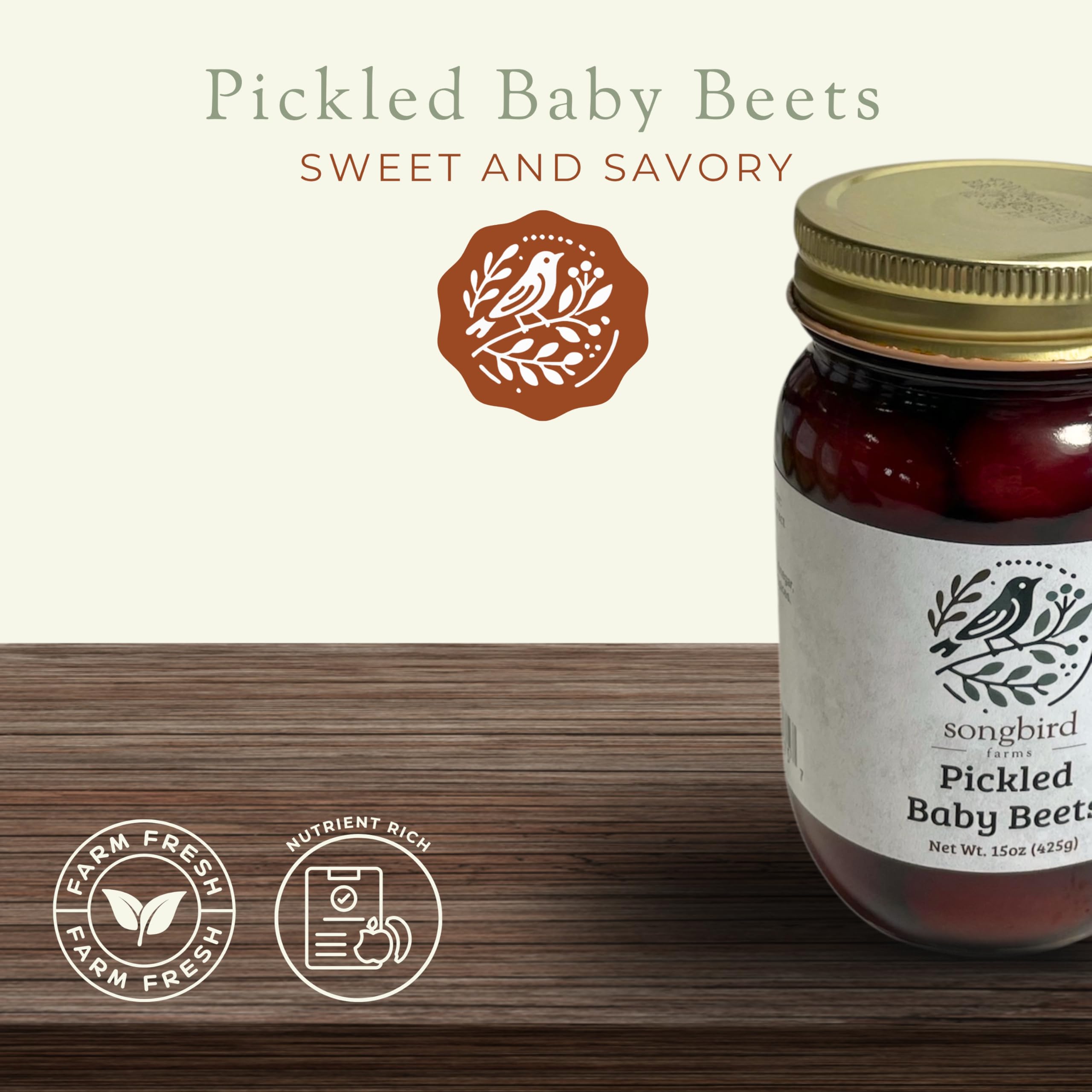 Songbird Farms Pickled Baby Beets - Premium, Whole Pickled Beets in Jars - Nutrient Rich (15oz)