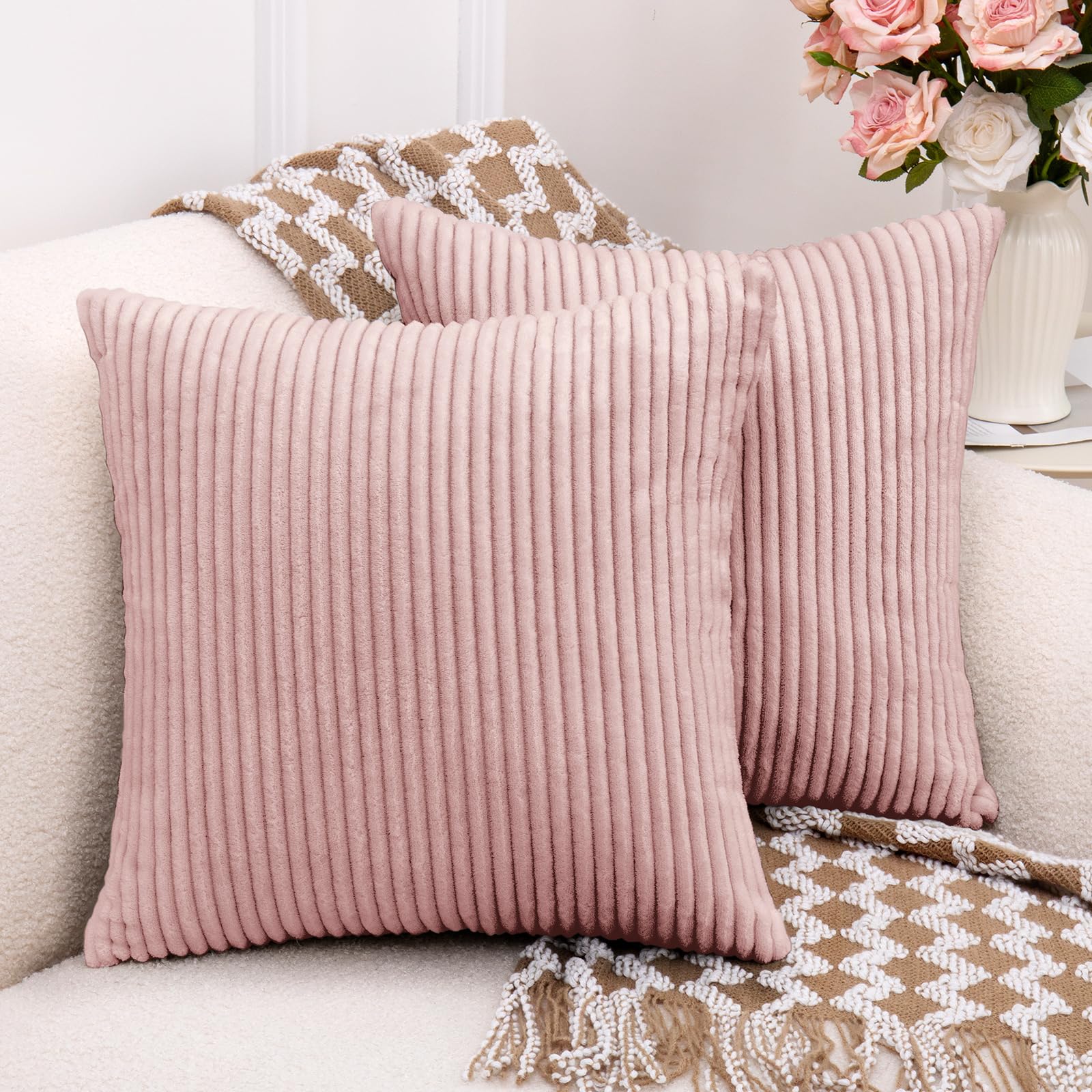 TaiBest Corduroy Throw Pillows Set of 2 with Inserts(Pink, 45x45cm)
