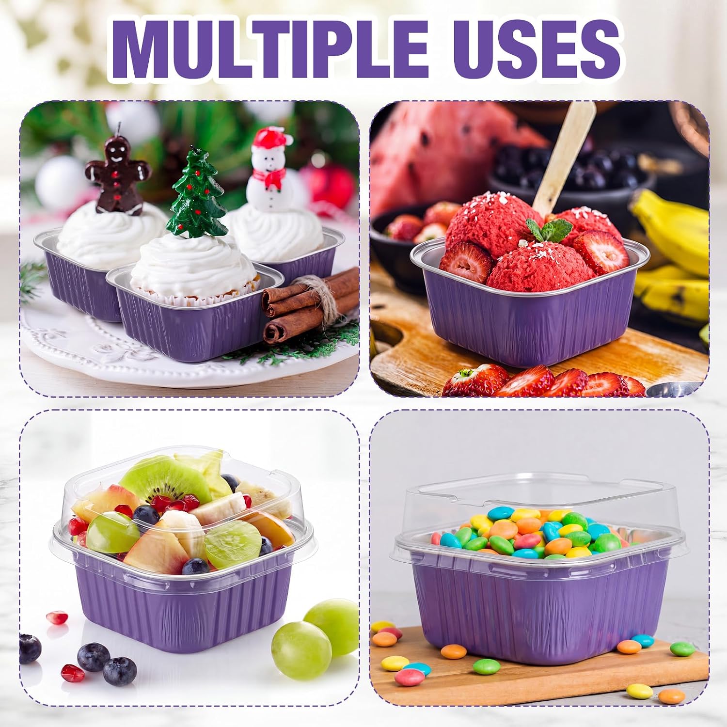 LemonRoad 300 Pcs Mini Cake Pans with Lids 5 oz Square(Purple) | Aluminum Foil Cupcake Pan Brownie Baking Cup Disposable Individual Tin Dessert Containers for Kitchen Wedding Birthday Party