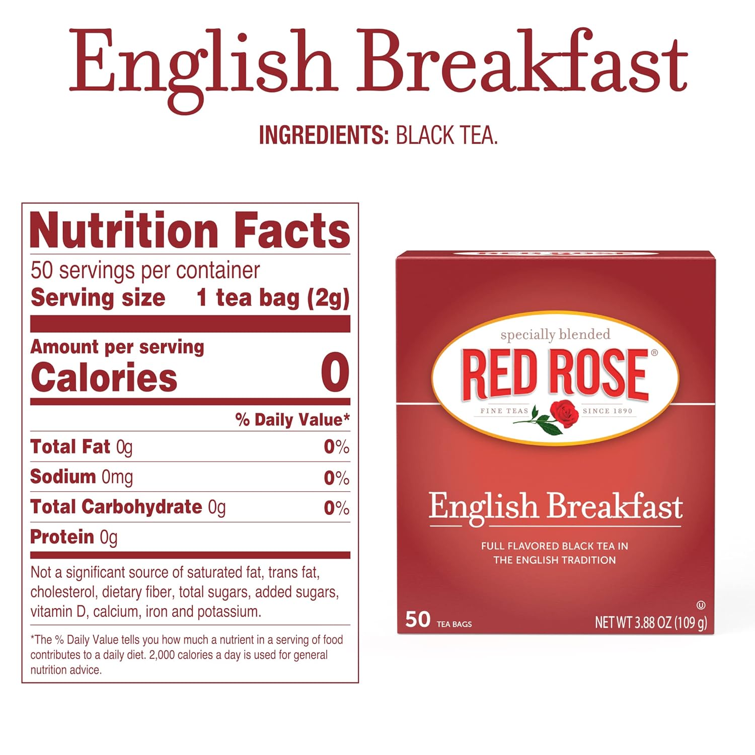 Red Rose English Breakfast Tea Specially Blended Strong Robust Black Tea with 50 Individually Wrapped Tea Bags Per Box (Pack of 6) Contains Caffeine Brew Hot Full Flavored Black Tea in the English Tradition