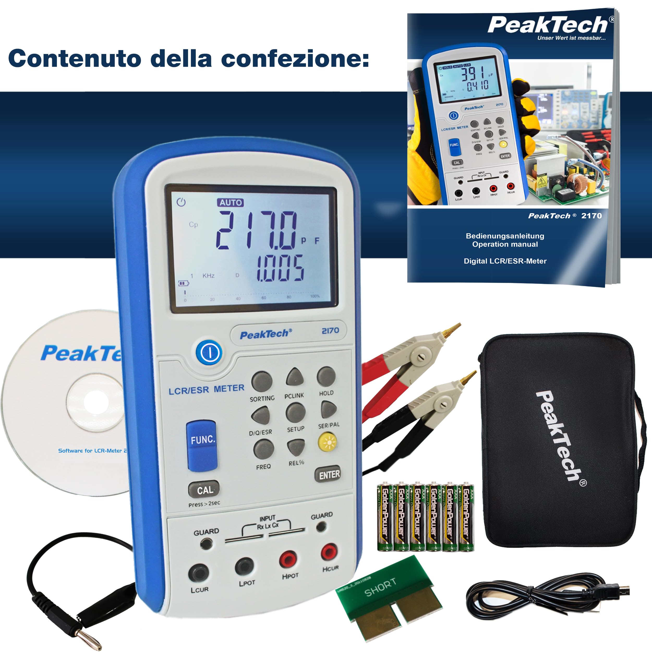 Peaktech 2170 Strumento di Misura Lcr-Esr, Lcr e Esr, con USB, Software Incluso, Rilevamento Automatico Lcr, Frequenza 1/120 Hz, 1/10/100 Khz, Multimetro Digitale, Schermo LCD, Grafico a Barre Lcr