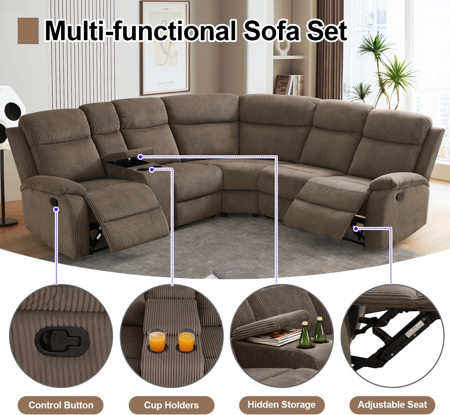 Manual Reclining Sectional Sofa Set, L-Shaped Recliner Sectional Couch and Chair, 6-Seater Living Room Furniture Set with Storage/Cup Holders for House/Apartment/Home Theater(Brown)