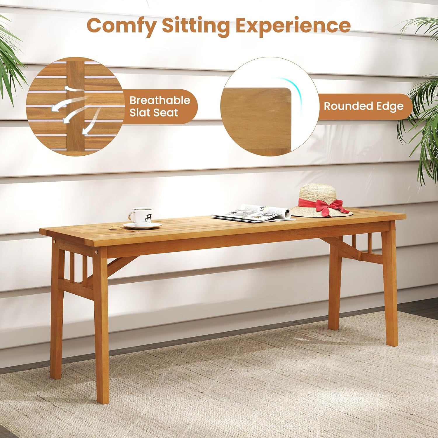 HAPPYGRILL Outdoor Acacia Wood Dining Bench, 48” Wooden Bench Patio Furniture for Entryway Garden Poolside Balcony, 800 LBS (2)