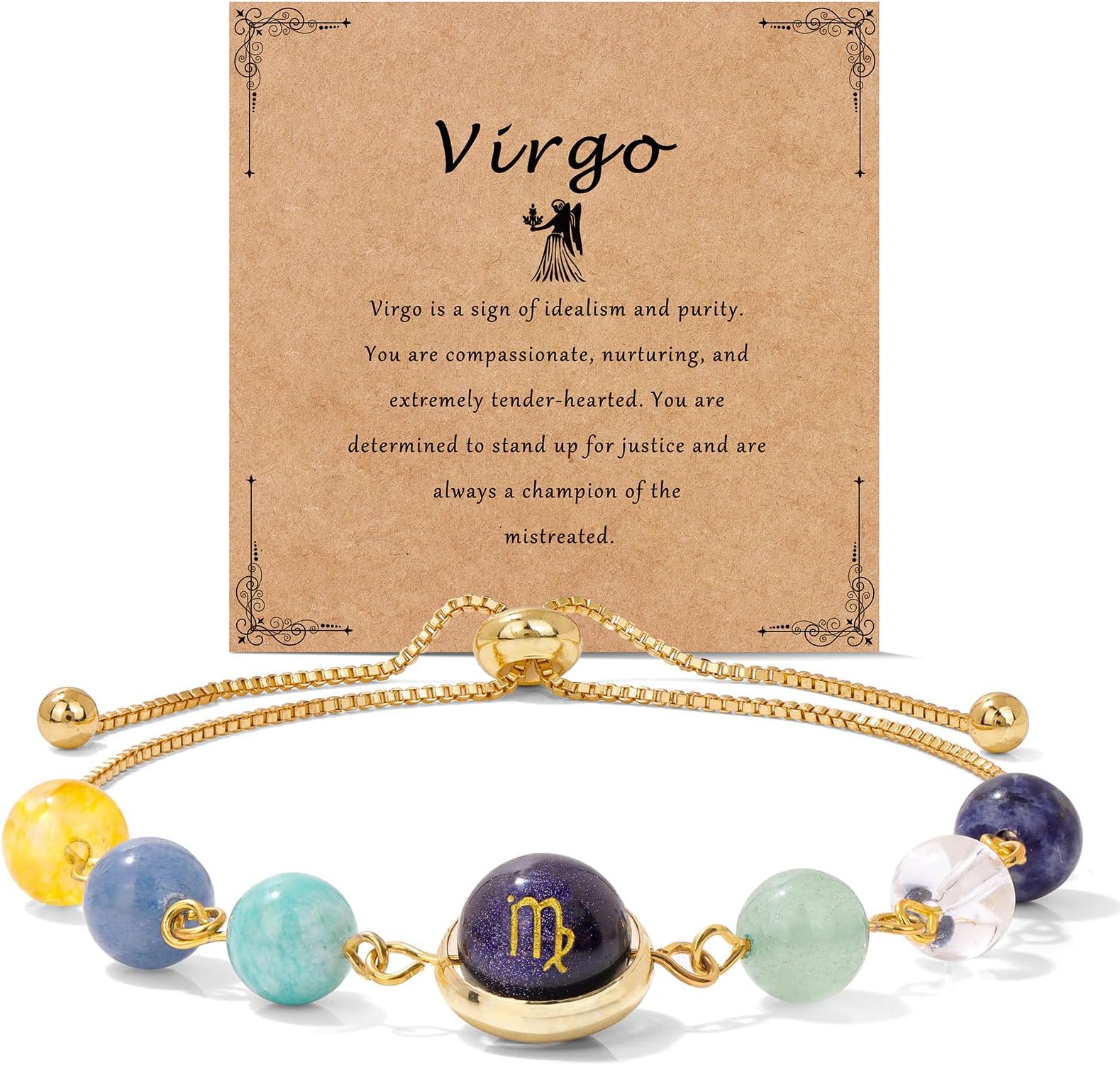 Zodiac Bracelets for Women 18K Gold Plated Natural Stone Zodiac Sign Bracelets Gemstone Beads Healing Crystal Bracelets Constellation Horoscope Jewelry Gifts