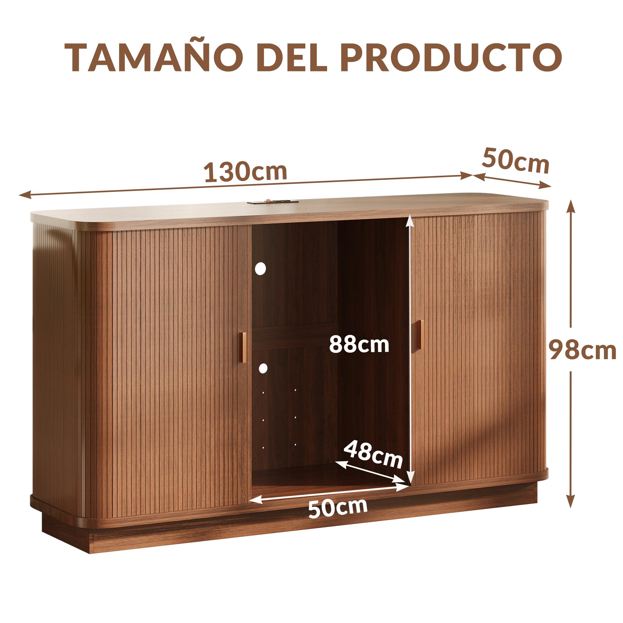 Aparador buffet estriado de 130 cm de largo, mueble bar de café con espacio para refrigerador,mueble bar de vinos retro con puertas enrollables,estantes ajustables y botellero para cocina y comedor