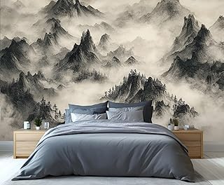 Oriental Ink Landscape Wall Mural, Misty Black White Mountain Scene 3D Wall Mural, Landscape Photo Wallpaper Mural, for Living Room Bedroom Large Wallpaper Indoor Decor 59" W x39.4 H