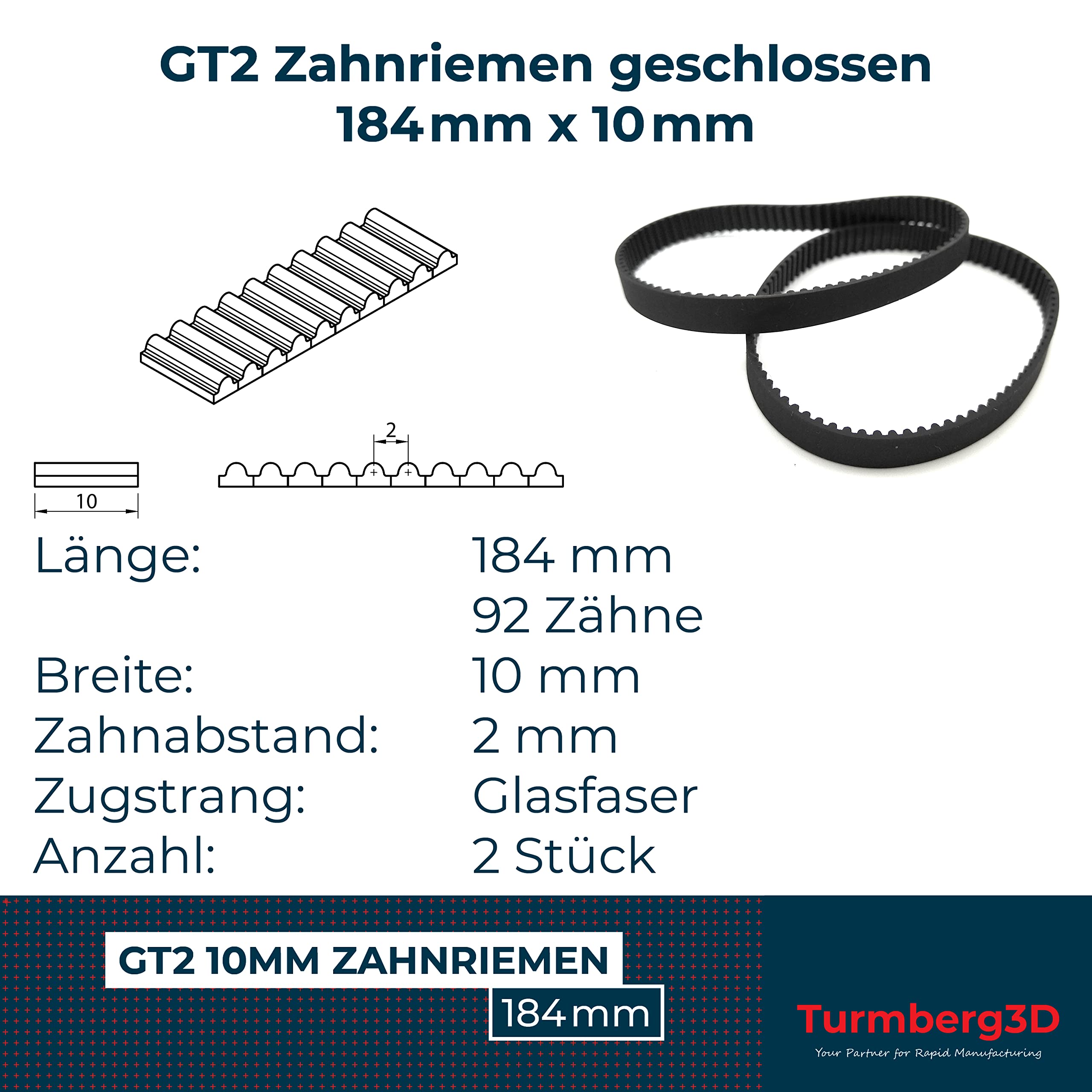 GT2 zamknięty pasek zębaty, szerokość 10 mm, długość 184 mm, po 2 sztuki, sznurek z włókna szklanego (184 mm)