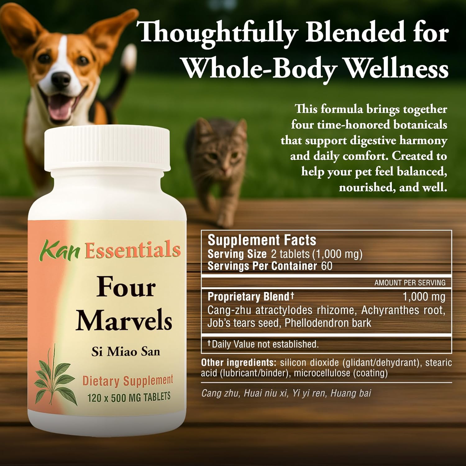 Kan Herb Company Four Marvels – Traditional Chinese Herbal Blend for Dogs and Cats to Support Digestive Clarity, Fluid Balance, and Overall Wellness, Herbal Supplement Tablets for Pets, 120 Tablets