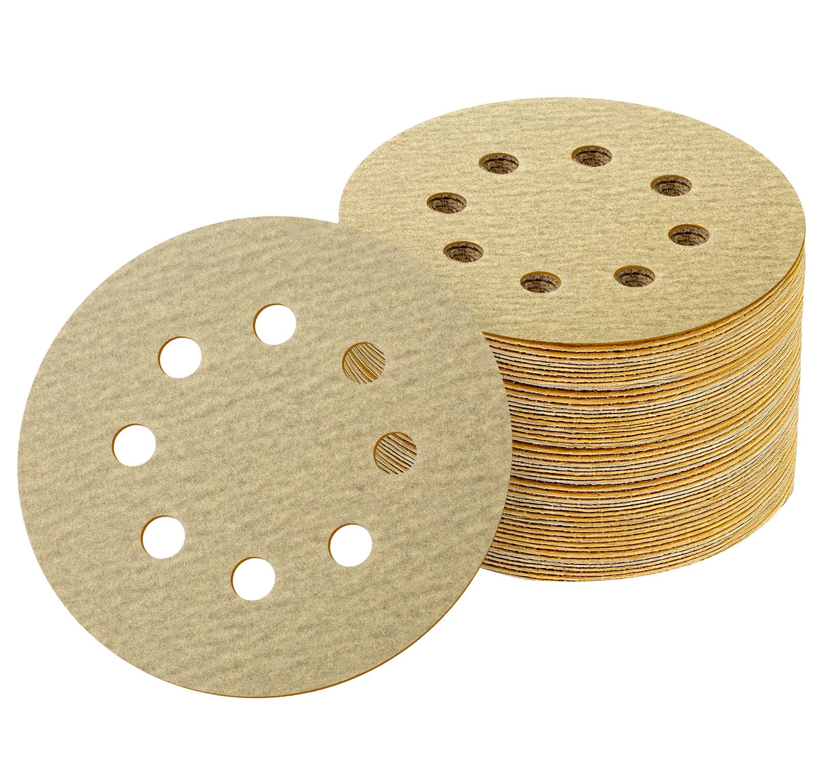 50PCS 125mm 8 Hole Sanding Discs 180 Grit Round Sandpaper Hook and Loop Pads Yellow Random Orbital Sander Sandpaper for Wood Metal Plastic