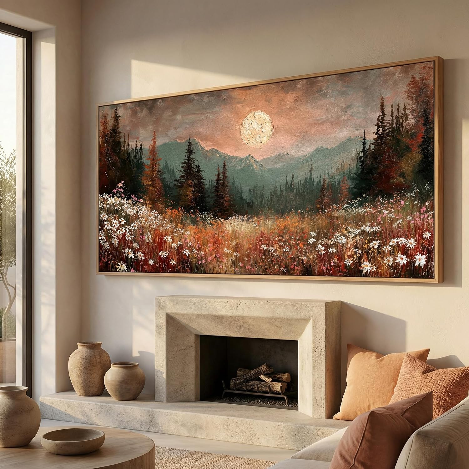 BQVCT Mountain Landscape Wall Art 20x40 Inch Wildflower Meadow Moon Framed Canvas Print Nature Scenery Painting Decor for Living Room Bedroom Office
