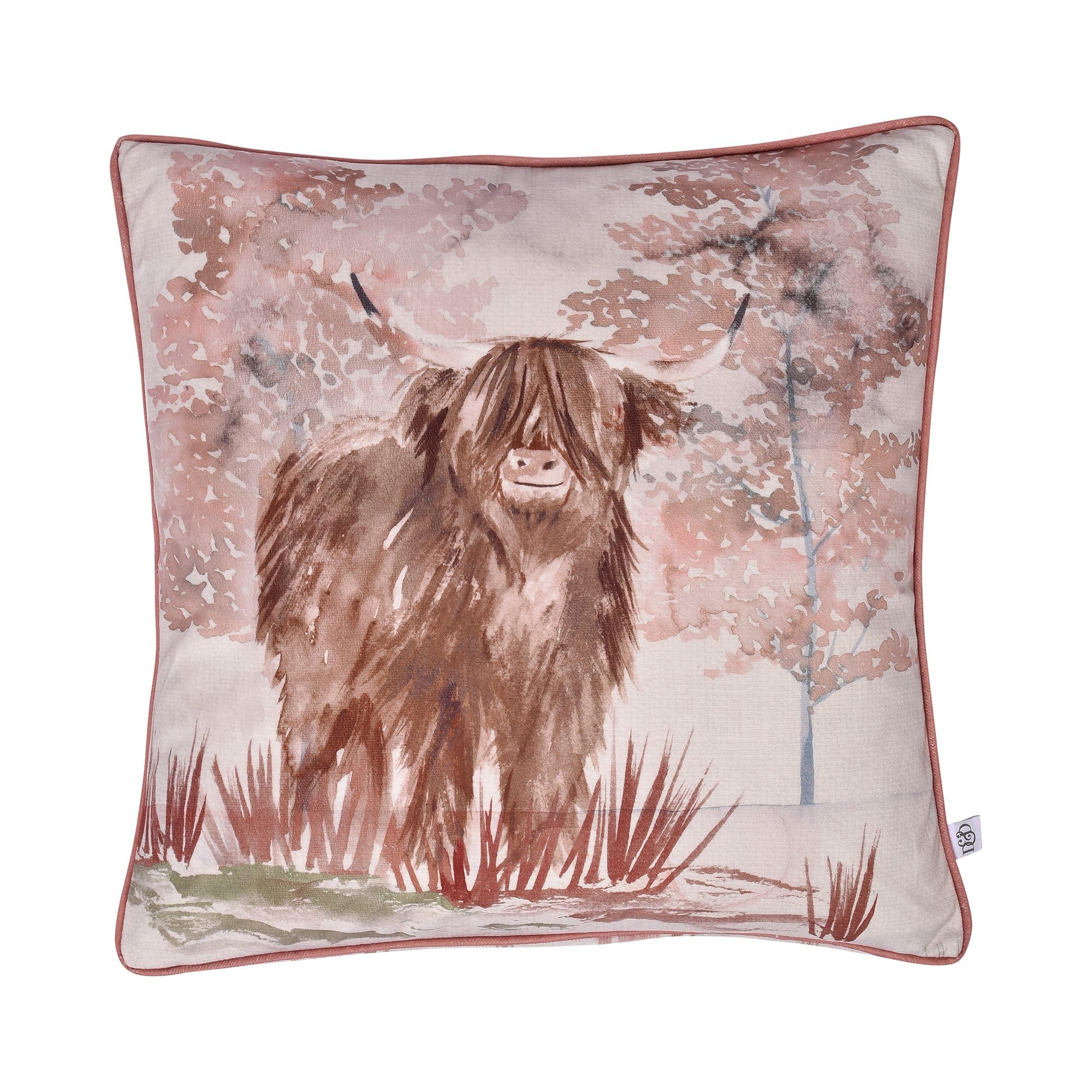 Dreams & Drapes Unisex Terracotta 'Hanson Highland Cow' Luxe Velvet Filled Cushion In | Size: 43 Cm X 43 Cm