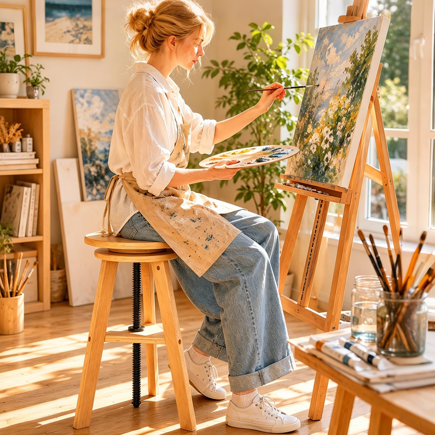 Höhenverstellbarer Zeichnerhocker aus Holz, Künstlerhocker, Hocker für Büro und Atelier, bis zu 100 kg, deutsches Buchenholz, ideal für Künstlerateliers, den privaten Gebrauch, die Küche und Bars