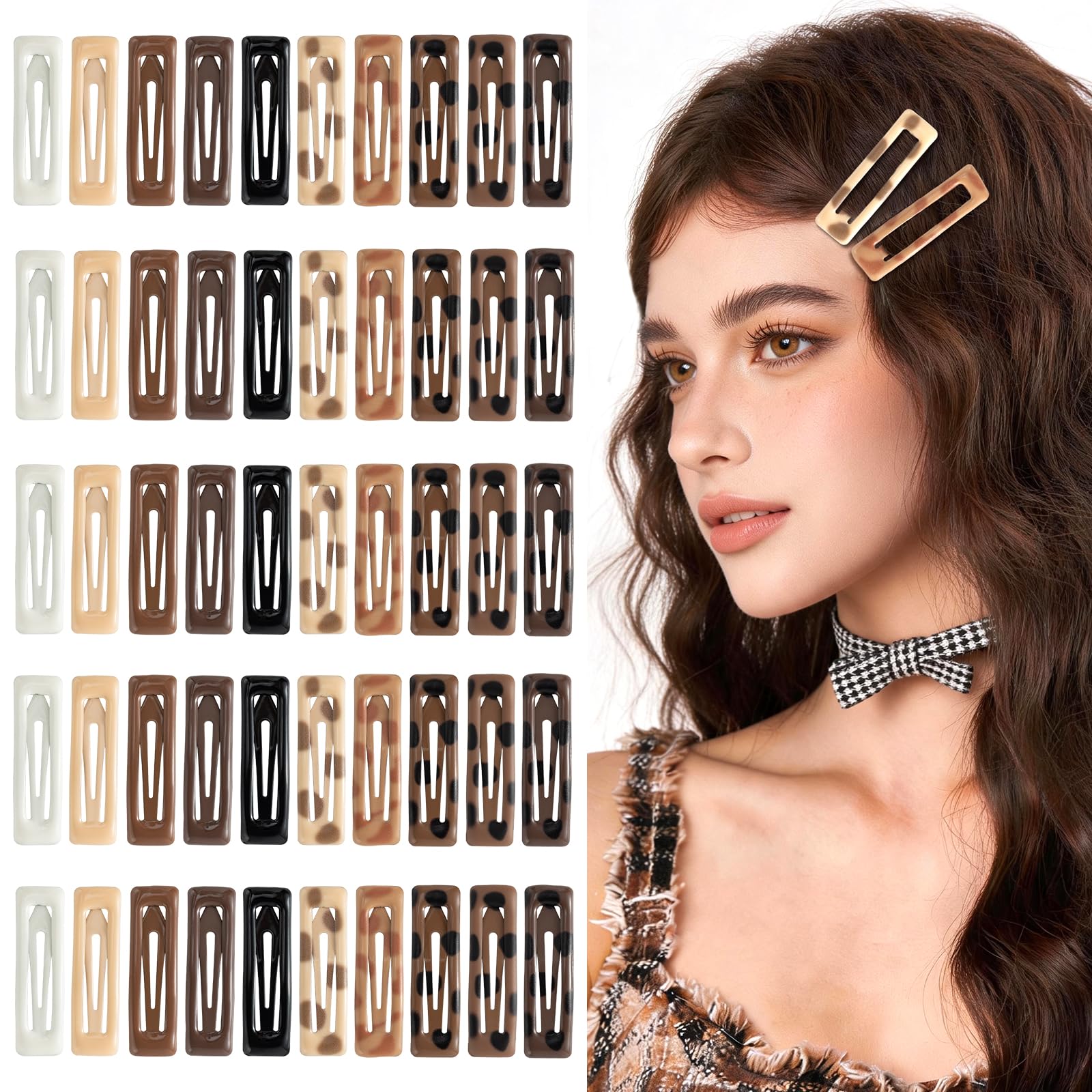 50 Pcs Metal Snap Hair Clips, Patterned Rectangular Barrettes for Women & Girls, Non-Slip Retro Hair Accessories with Floral & Geometric Prints, Cute Decor for Daily Party Halloween