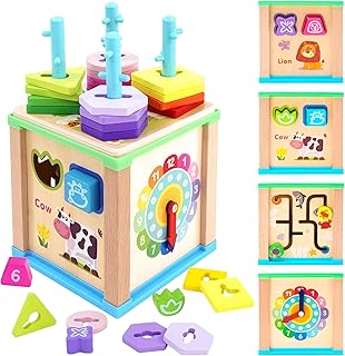 Wooden Activity Cube Toys 6 in 1 Activity Center Montessori Toys Shape Sorter Sorting Stacking Board with Clock Sliding Building Blocks Puzzle Gift for 1 2 3+ Years Baby Kids Toddlers Boys Girls
