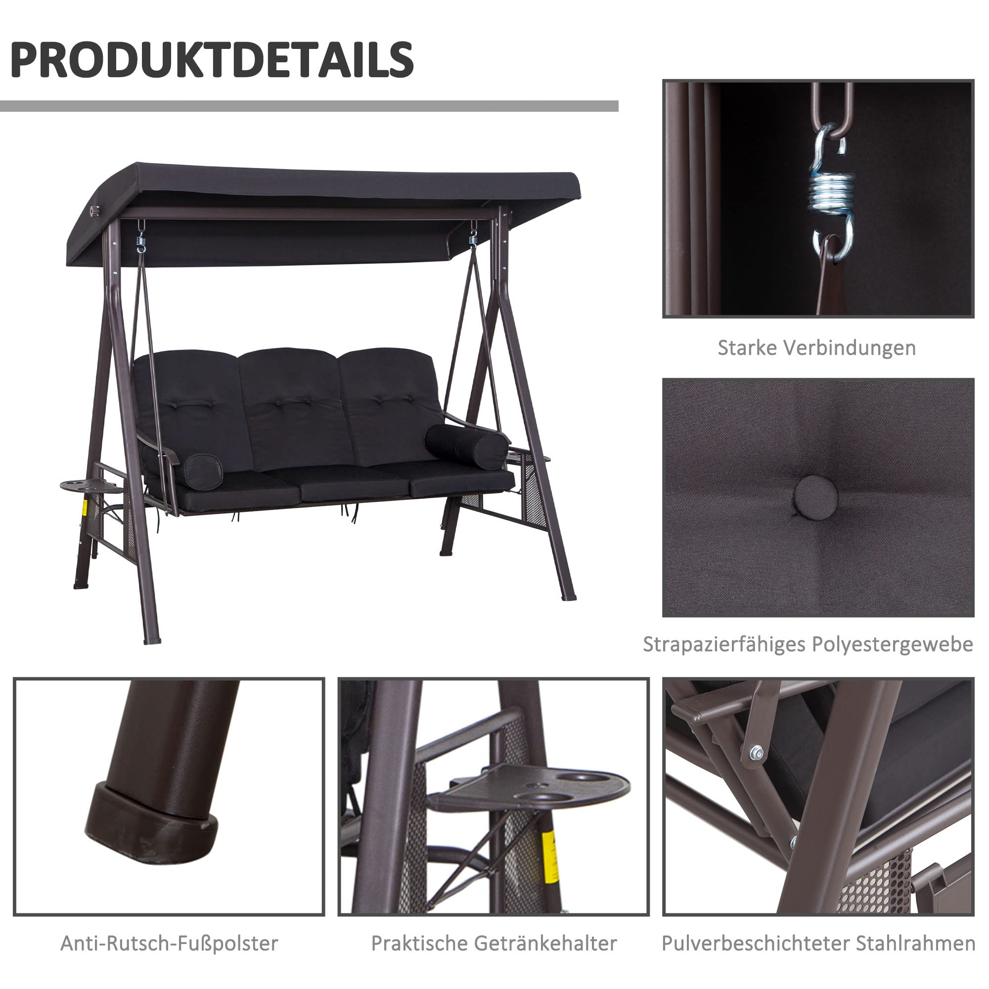 Outsunny 3-Sitzer Hollywoodschaukel Sonnendach Schwarz 116 x 206 x 183 cm | Gartenschaukel, Kissen, Metall, Polyester