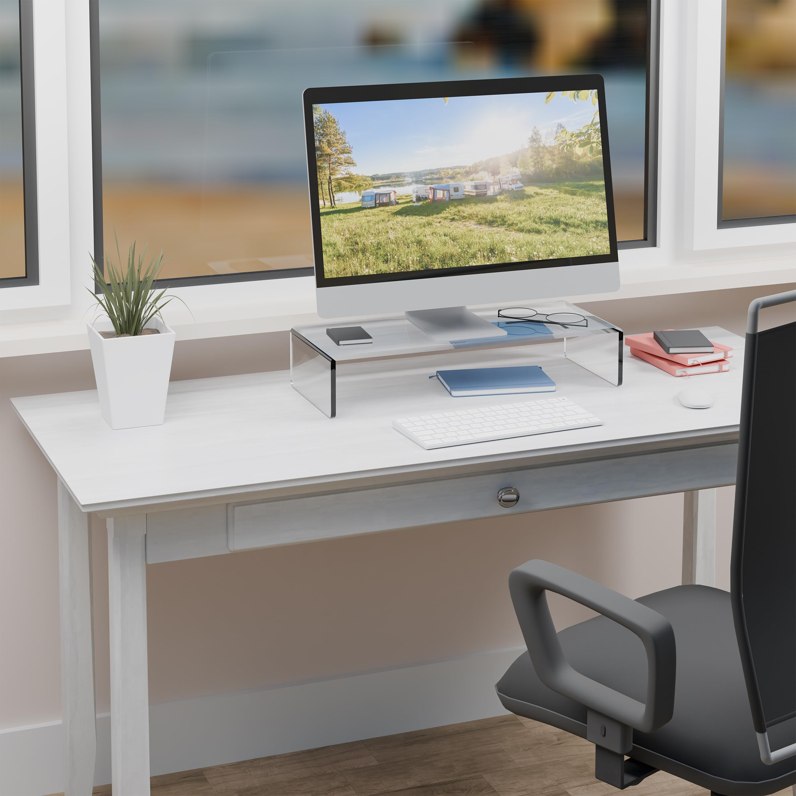 Relaxdays Supporto per Monitor da Scrivania, Ergonomico, HLP: 10 x 50 x 20 cm, Alzatina per Schermo del PC, Trasparente
