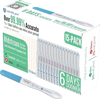 AMPLIM HCG Early Detection Pregnancy Test Sticks (15 Ct Bulk) – Early Result 6-Days Sooner, Extra Sensitive 10 MIU/mL, Midstream – Easy at-Home Tests, 99.99% Accurate Pregnant Test