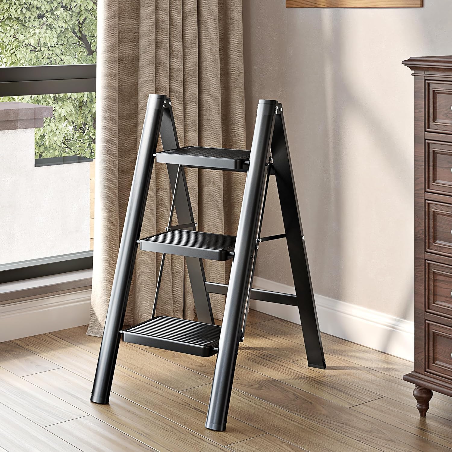 Heavy-Duty 3-Step Steel Folding Stool – Anti-Slip Steps & Strong Construction – Modern Black Step Ladder for Home, Kitchen, Painting, Cleaning & High Shelf Access (1 Pcs)-image-5