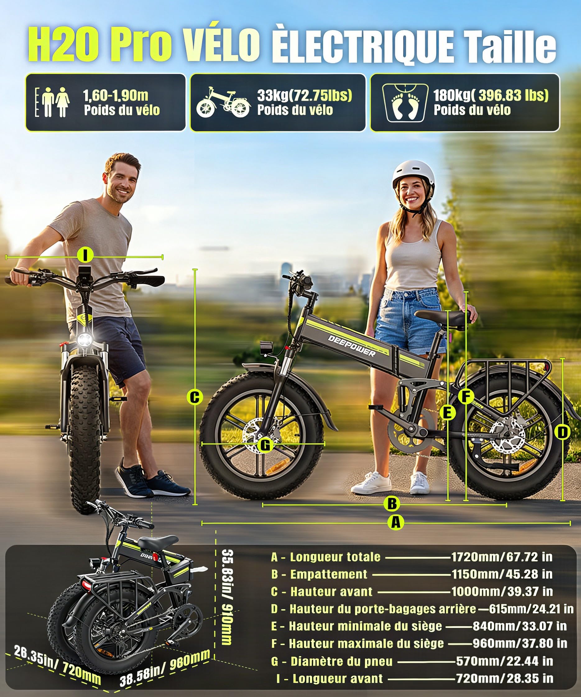 DEEPOWER Vélo Électrique Tout-Terrain 20'' x 4.0, Batterie Amovible 48V 25Ah, Autonomie 70-110 KM, Moteur À Couple Élevé, Cadre Aluminium, 7 Vitesses, Suspension Hydraulique Complète