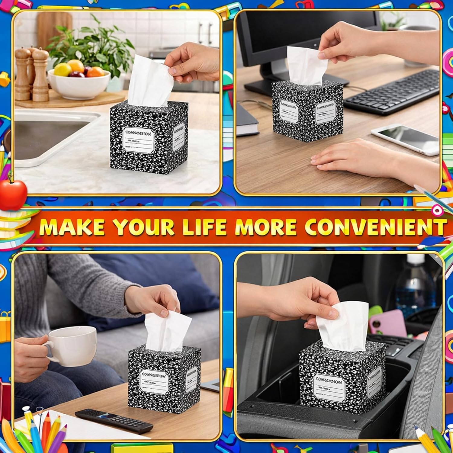 Sabary 12 Pack Back to School Facial Tissue Cube Boxes with Tissues 3 Ply Small Square Tissue Boxes 600 Sheets Total First Day of School Party Supplies Decorations for Classroom Home Car Office