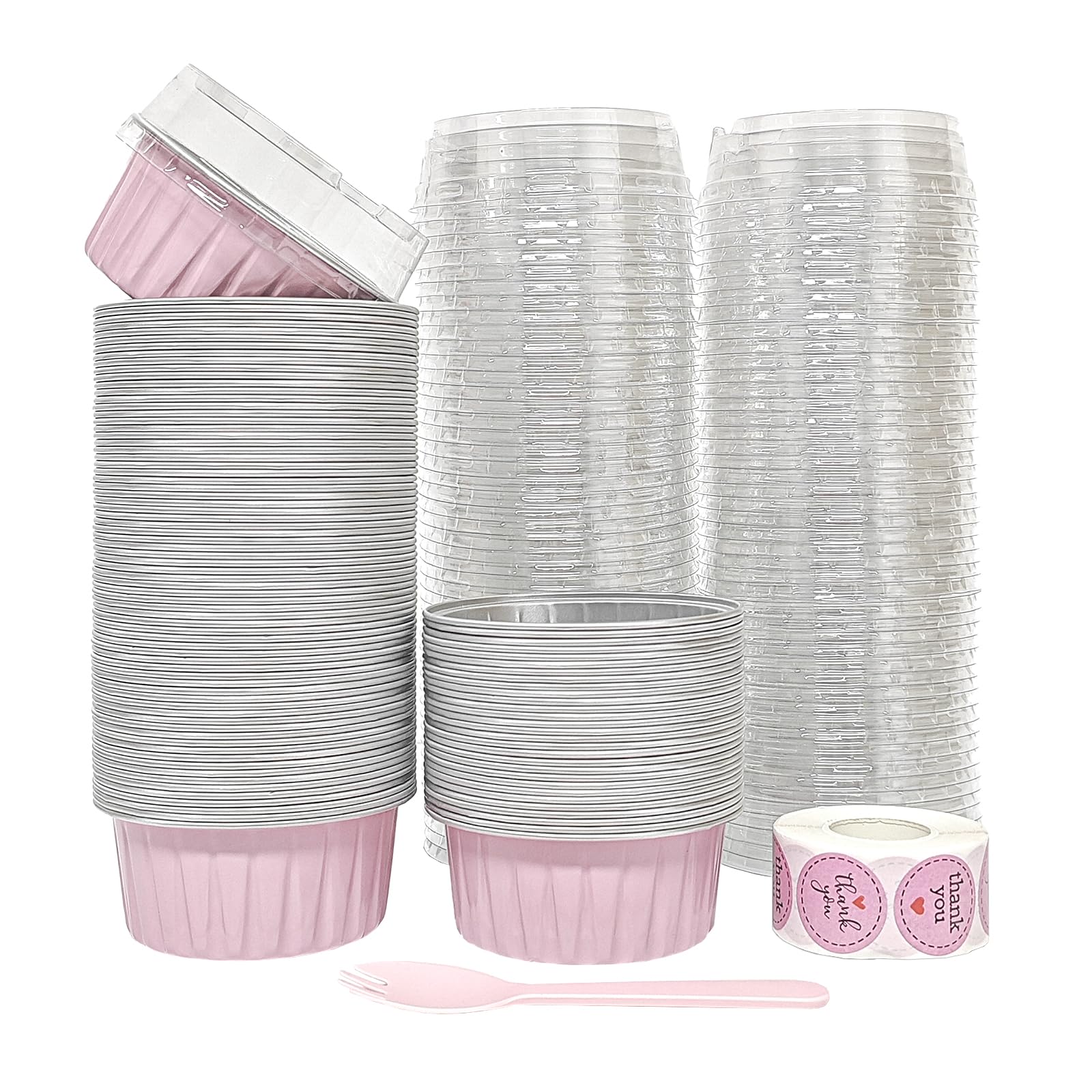 100 PCS Aluminium Foil Baking Cups, Mini Cake Pans with Lids and 100 PCS Spoons, 5 oz Disposable Baking Cups Foil Ramekins For Party Birthday Wedding Valentines (Pink)