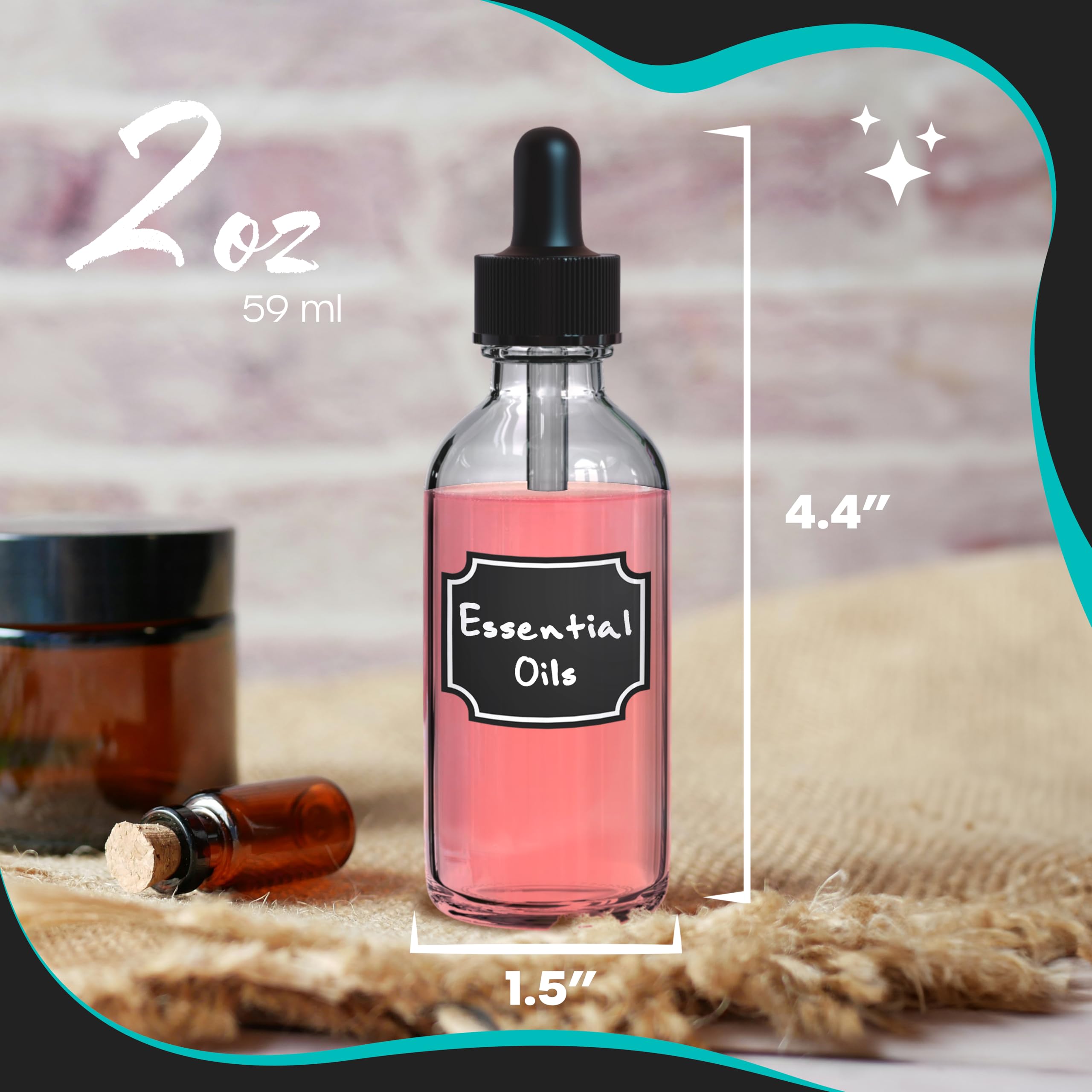 Nevlers 48 Stück transparente Öl-Tropfflaschen, 57 ml, die kleine Glasflasche mit Pipette enthält Pipetten für Öle, Trichter, Pinsel und Marker mit Etiketten, auslaufsichere Glas-Augentropfflasche