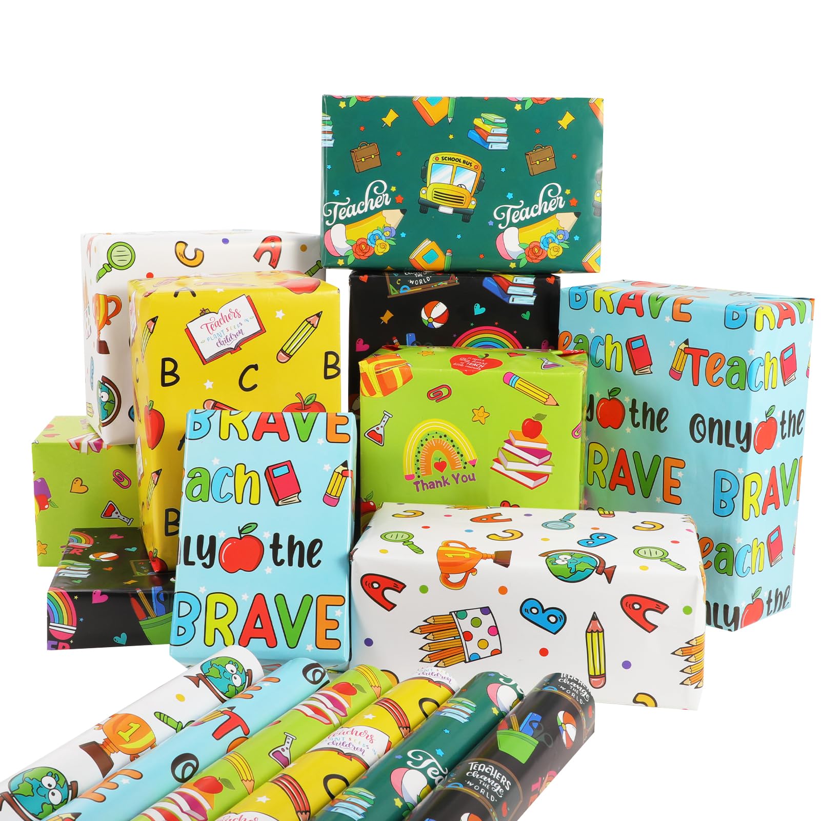 DPKOW 12 Sheets Thank You Teacher Gifts Wrapping Paper, Recyclable Wrapping Paper Sheets Rainbow Pencil Apple, Teacher Appreciation Supplies, 70 * 50cm