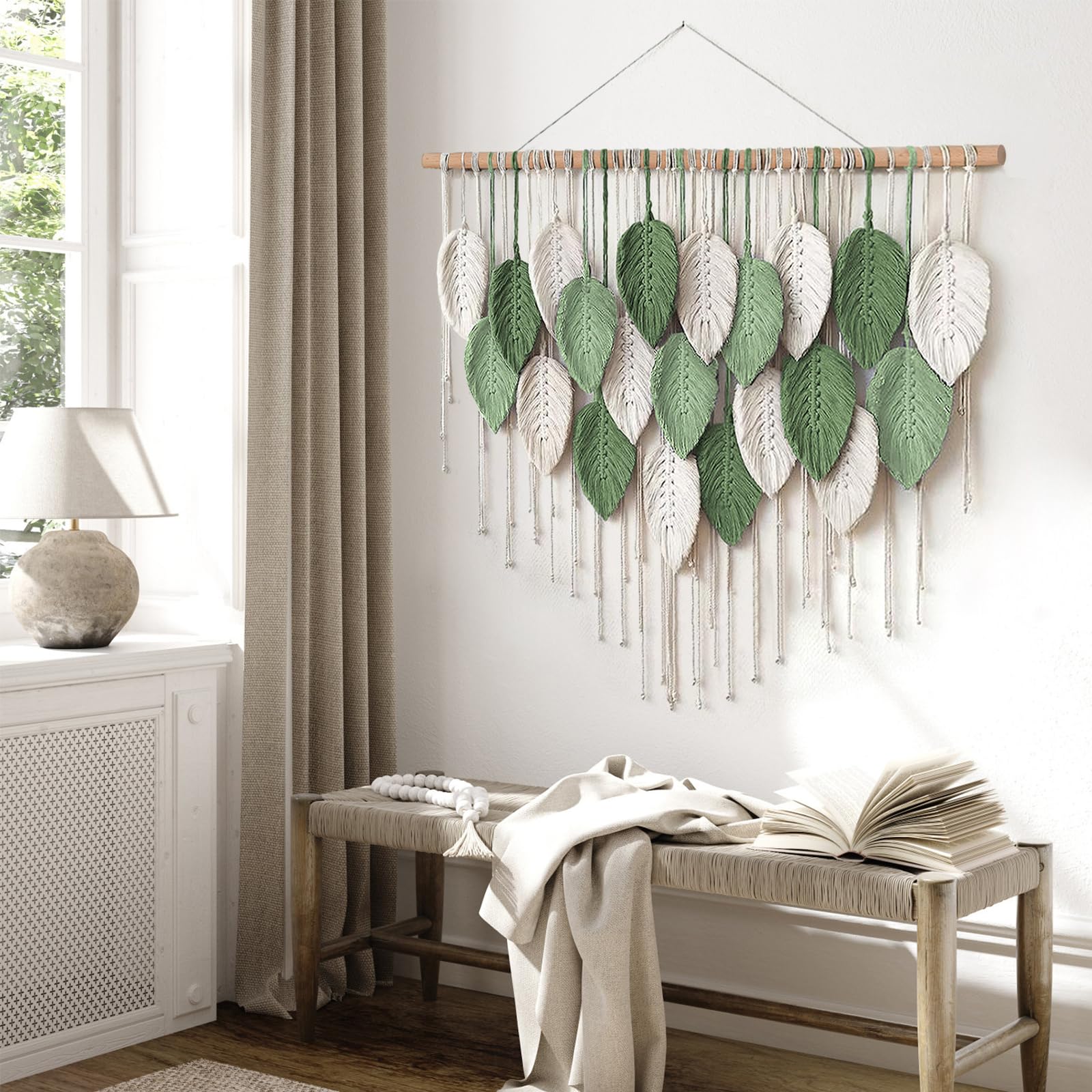 Weldomcor Makrama wisząca na ścianę, duży tkany gobelin, wisząca na ścianie, makrama boho, dekoracja ścienna z liśćmi, ozdoba z piórami, elegancka sztuka tkana, dekoracja do sypialni, salonu (D)