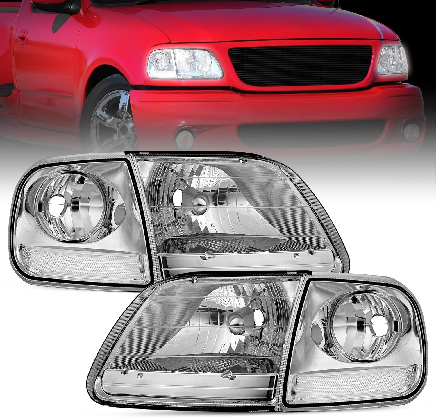Nilight Headlight Assembly Compatible with 1997 1998 1999 2000 2001 2002 2003 Ford F-150 Expedition Chrome Housing 1997-2003 F150 Chrome Housing + Clear Reflector